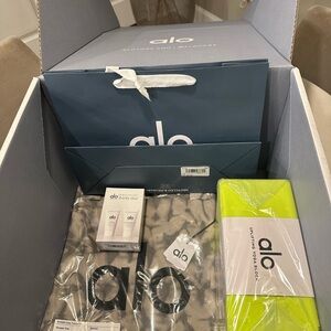 NWT:  Alo neon yellow yoga block, grey tie dye tote bag, body wash/lotion duo